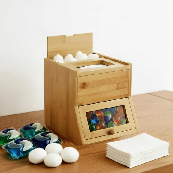 Bamboo Laundry Pods Container 10.6 x 8.3 x 6.9 Inch, 3 in 1 Multi Purpose Storage Organization Container Women's Day Gift for Laundry Pods, Facial Tissues, Disposable Gloves, Dryer Sheet Box
