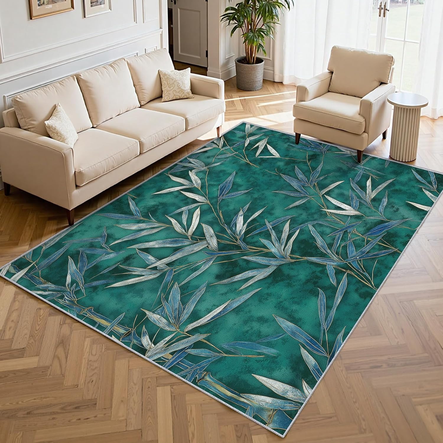 Bamboo Leaf Area Rugs, Green Botanical Plant Pattern Carpet, Washable ...