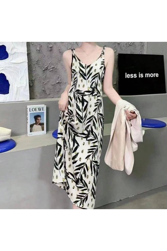 Bamboo Leaf Flower Print Slip Dress For Women Sleeveless Long Maxi Dress