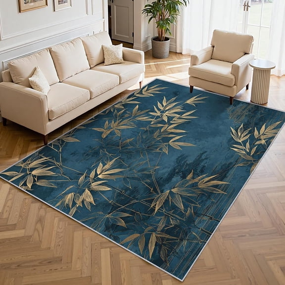 Bamboo Leaves Area Rugs, Green Chinese Ink Painting Bamboo Leaf Pattern Carpet, Washable Non Slip Low Pile Soft Rug for Living Room Bedroom Decor Mat 4x5ft