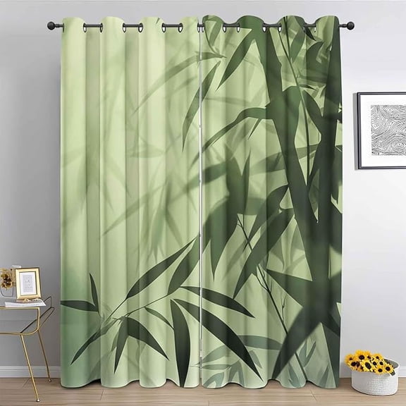 Bamboo Leaves Curtains 39 Inches Long 2 Panels, Green Leaves Blackout Curtains for Kitchen Windows, Leaf Plant Drapes Grommet Window Curtain 27.5 x 39 Inch 26"W x 45"L (Pack of 2)