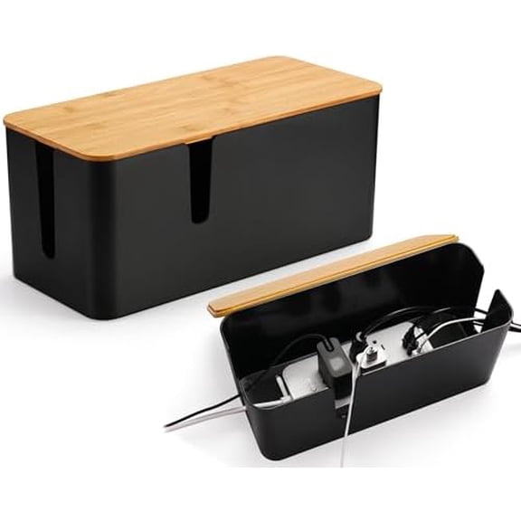 Bamboo Lid Cord Organizer Box, 2Pack Large Cable Management Box, Safe ABS Wire Organizer for TV and Computer, Wood Cover Cord Hider to Hide Wires, USB Hub & Under Desk Power Strip, Black