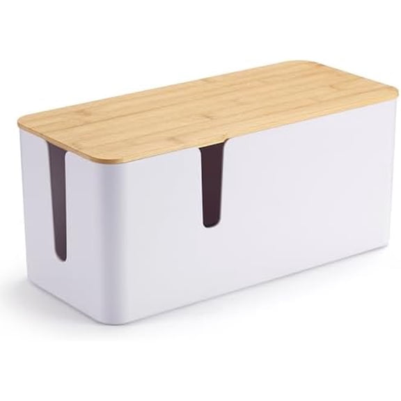 Bamboo Lid Cord Organizer Box, Safe ABS Cable Management Box for TV and Computer, Wood Cover Cord Hider to Hide Wires, Router, USB Hub & Under Desk Power Strip, 1 Pack L13.1 xW5.6 xH5.6 White