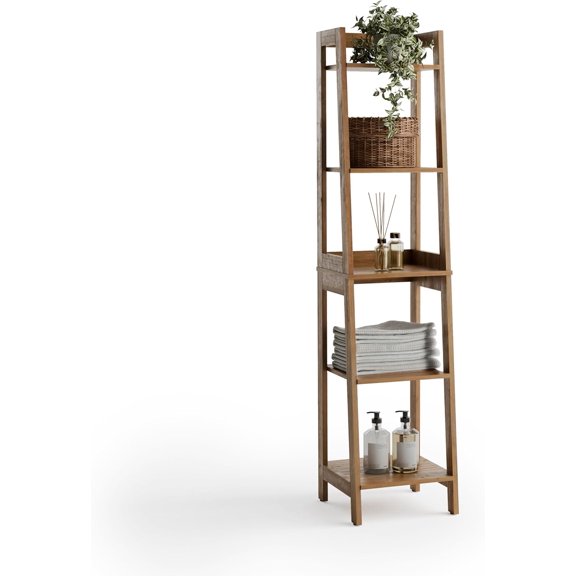 Bamboo Linen Tower with 5 Shelves, A-Frame Shelving Unit for Bathroom, Laundry and Other Household Storage, Natural Finish