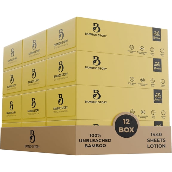 Bamboo Lotion Facial Tissue Unbleached, 12 Box 3ply and 1440 Sheets, Bamboo Facial Tissue - FSC Certified, Biodegradable, Chemical Free, Plastic Free, BPA Free, Bamboo Facial Tissue