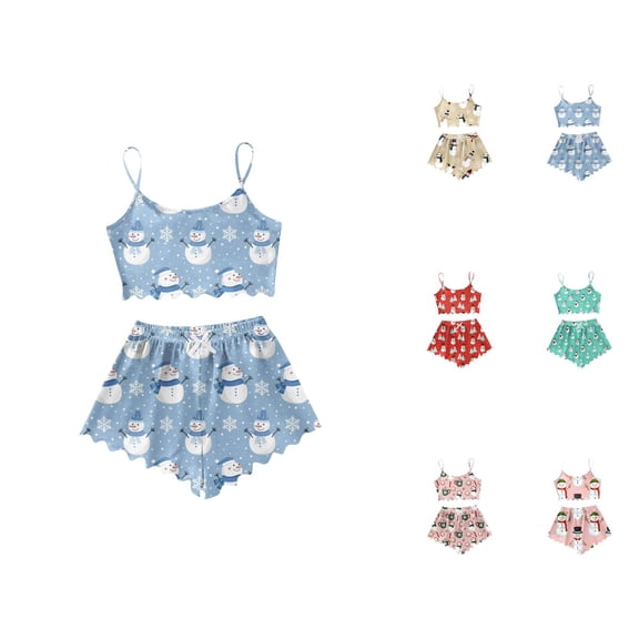 Bamboo Lounge Set – Pajamas for Women Sleep Women's Snowman Print Sleeveless Vest & Shorts Set Lightweight Sleepwear Two Piece