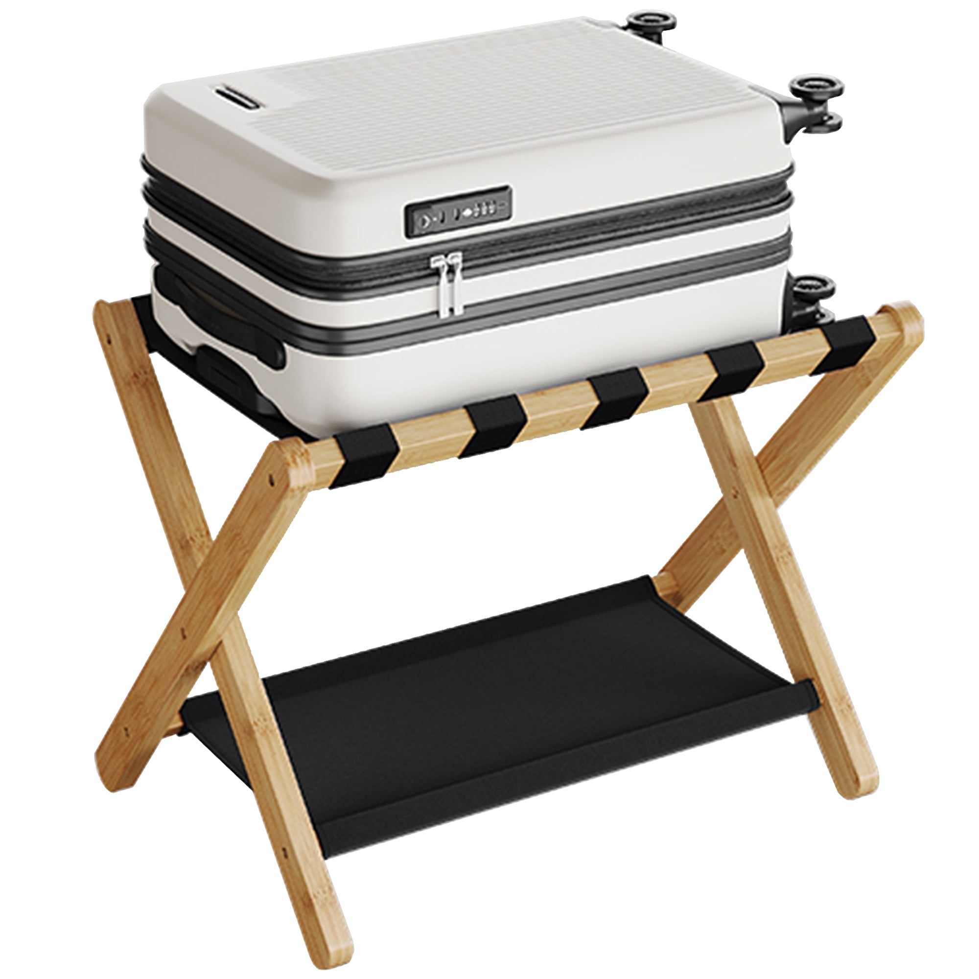 Natural Bamboo Foldable Luggage Rack with Storage Shelf