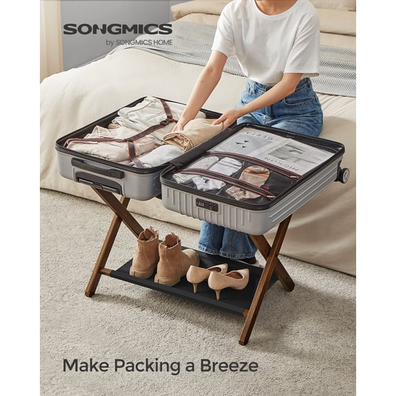 SONGMICS Luggage Rack, Folding Suitcase Stand with Storage Shelf, for Guest Room, Hotel, Bedroom, Heavy-Duty, Holds up to 131 lb, Walnut Brown