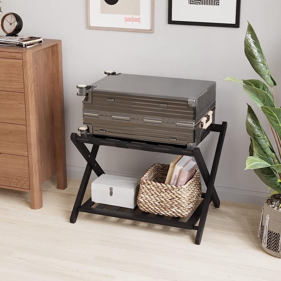 Bamboo Luggage Rack Fully Assembled Suitcase Stand, Guest Room, Espresso