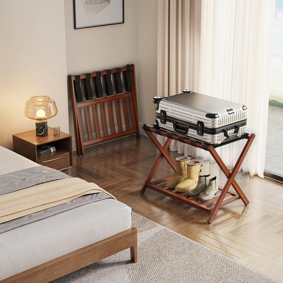 Bamboo Luggage Rack for Guest Room, Wide Suitcase Stand with Storage Shelf, Folding Luggage Stand Holder for Bedroom Hotel, 26.77" Thickened Luggage Rack for Suitcases, Brown