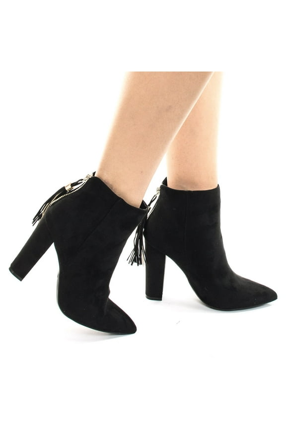 Madam08 Women Pointy Toe Block Heel Dress Bootie Back Metal Chain Tassel Suede Ankle Boots 9
