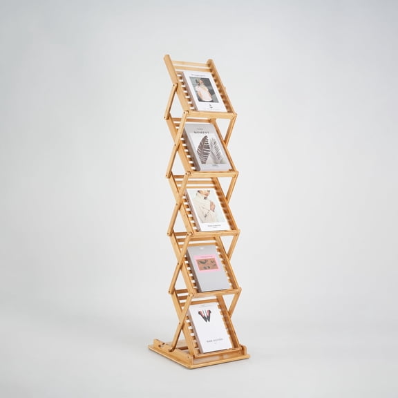 Bamboo Magazine Rack - 5-Pocket Foldable Display Stand In Standard Natural Tone For Office, Trade Shows And Home Organization