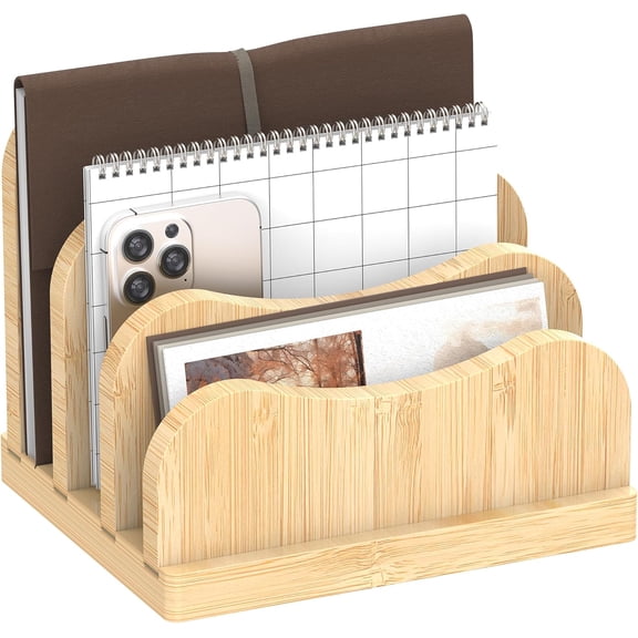 Bamboo Mail Organizer Countertop, Desktop Sorter with 3-Slot, File Holder for Desk, Envelope Bill Home Office, Curved