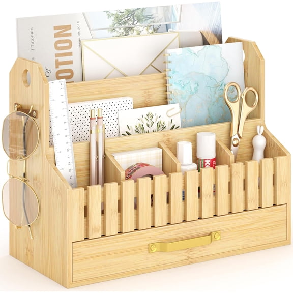 Bamboo Mail Organizer Countertop with Drawers, Wood Desk File Organizer Desktop Paper Organization Storage Bill & Letter Sorter Holder for School Home Office Supplies, No Assembly Required (Nature)