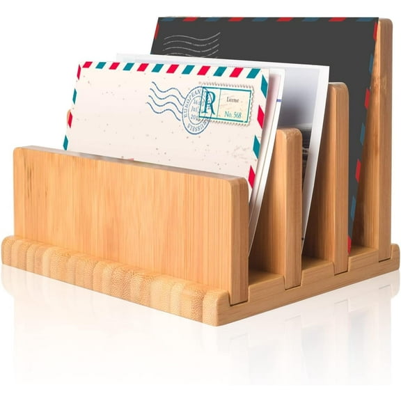Bamboo Mail Organizer with Rubber Feets, Vertical Desk Letter/Envelope/File/Paper/Folder/Bill Holder for Office & Home, Small 3 Sections Desktop Office Supplies Incline Sorter Rack