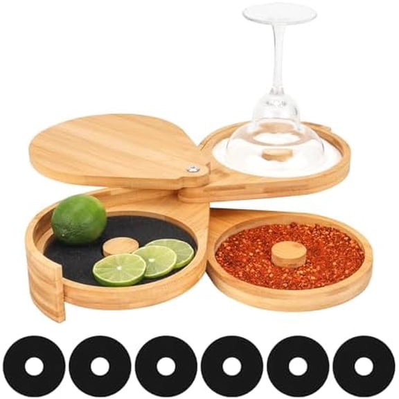 Bamboo Margarita Salt Rimmer Set, 3-Tier Rotating Glass Rimmer with 6 Sponges, Cocktail Rimmer for Salt, Sugar & Tajín, for Home Bars, Parties & Bartenders
