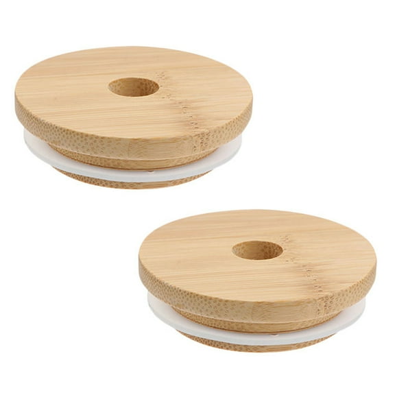 Bamboo Mason Jar Caps Lid Cover with Straw Holes Reusable Lids Simple Bottle 2 Pcs