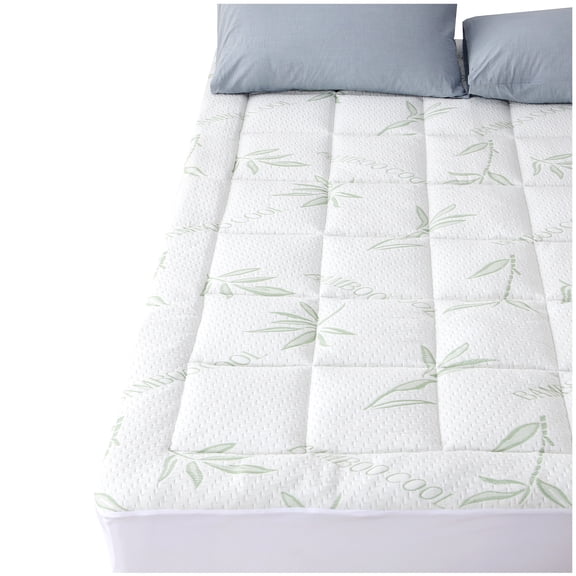 Bamboo Mattress Pad, Overfilled Extra Plush Topper, BrWSthable Cool Flow Technology, 16" Deep Pocket, Queen, Green