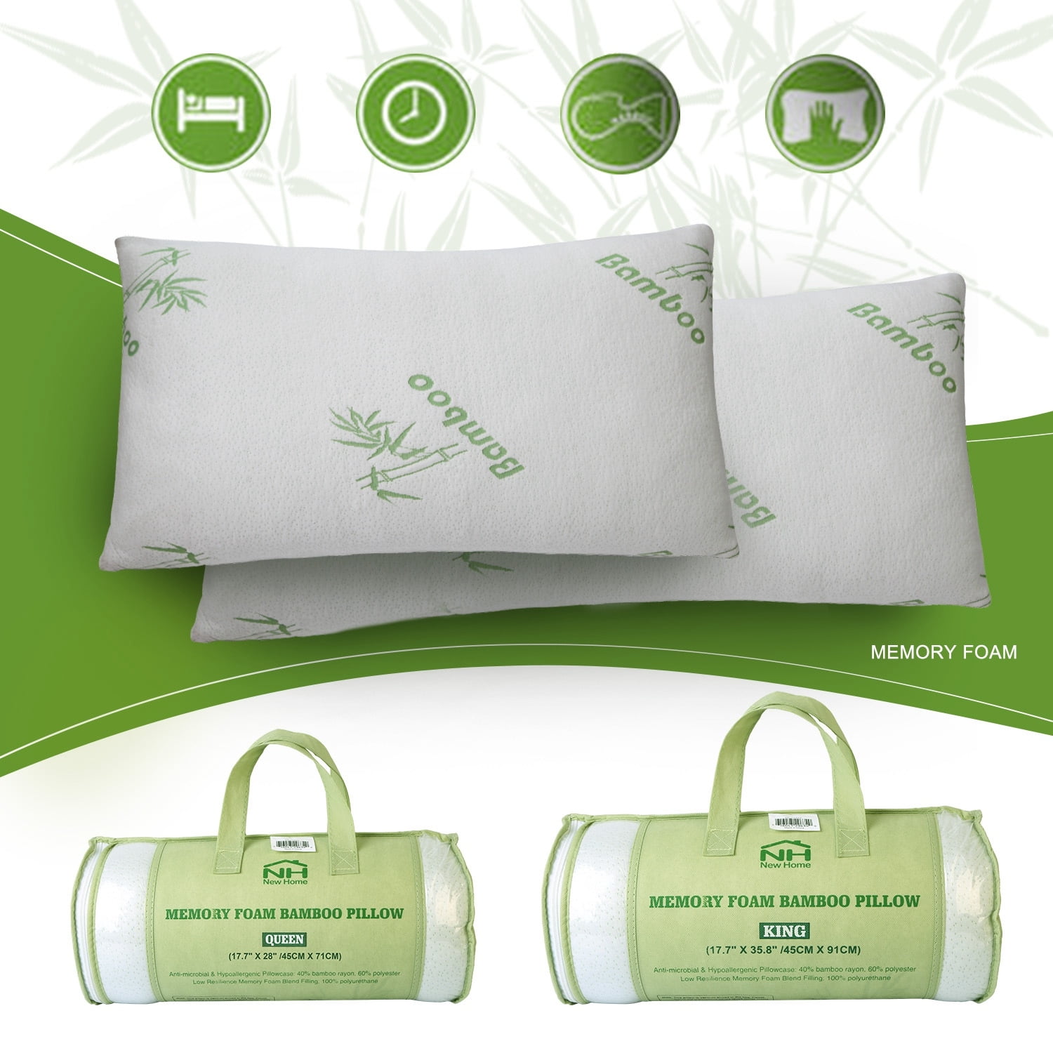 Queen Size Bamboo Memory Foam Hypoallergenic Bed Pillow Set