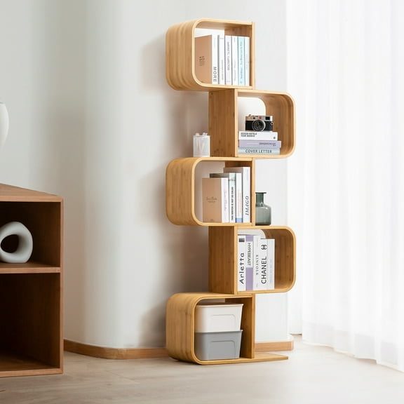 Bamboo Modern Geometric S-Shaped Bookshelf, Large Capacity Free-standing Multifunctional Organizer Storage CDs, DVDs, Display Rack Standing Book Shelf for Home, Office, Living Room, Bedroom