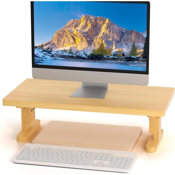 Bamboo Monitor Stand Riser for Desk, Height Adjustable Computer Riser & Laptop Stand, Ergonomic Desktop Organizer Shelf W/ Underneath Storage, Sturdy 100 lbs Capacity for Printer/TV/Home Office