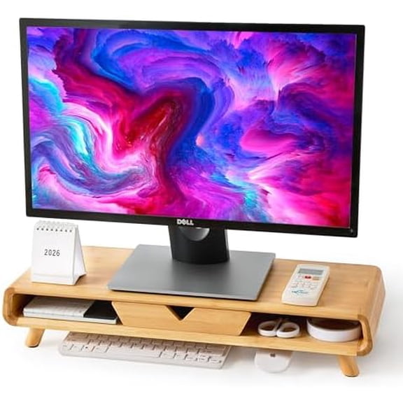 Bamboo Monitor Stand Riser, No Assembly Required Exquisite Monitor Stand with Drawer Ergonomic Height Wood Monitor Stand