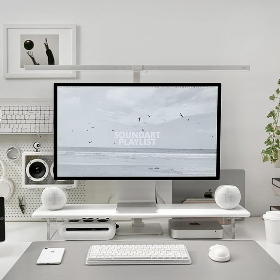 Bamboo Monitor Stand Riser with Acrylic Legs for Desk, 31.5 Inches Desktop Shelf Supports for PC Computer Monitor, Laptops, Printer, Speakers (White)