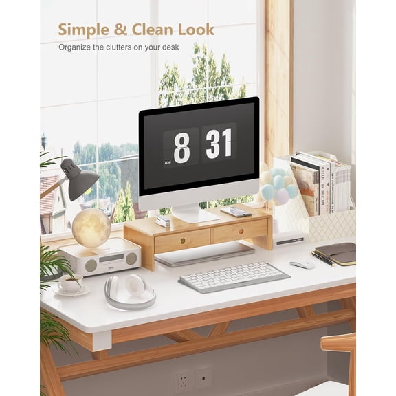 Bamboo Monitor Stand with 2 Drawers Desktop Organizer Computer Screen Laptop Riser Ergonomic Height for Home Office