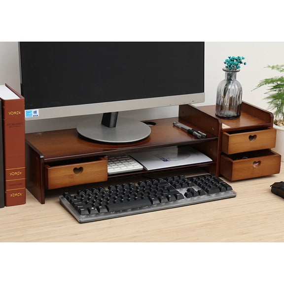 Bamboo Monitor Stand with 3 Drawers & 2 Shelves 27" Wide Desktop Riser for Computer Screen, Keyboard Storage