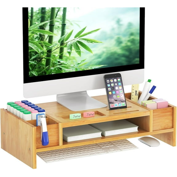 Bamboo Monitor Stand with Storage Compartments Ergonomic Computer Laptop Riser Small Space Organizer