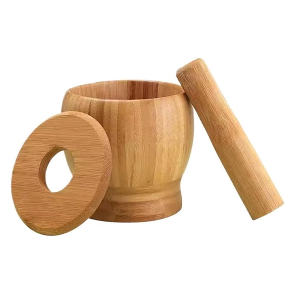 Bamboo Mortar and Pestle, Masher Kitchen Tool, Kitchen Tool Set, Wooden Utensil Set, Garlic Mincing, Home Tool Set, 4 in Diameter, Sculpted Piece with Lid, Kitchen