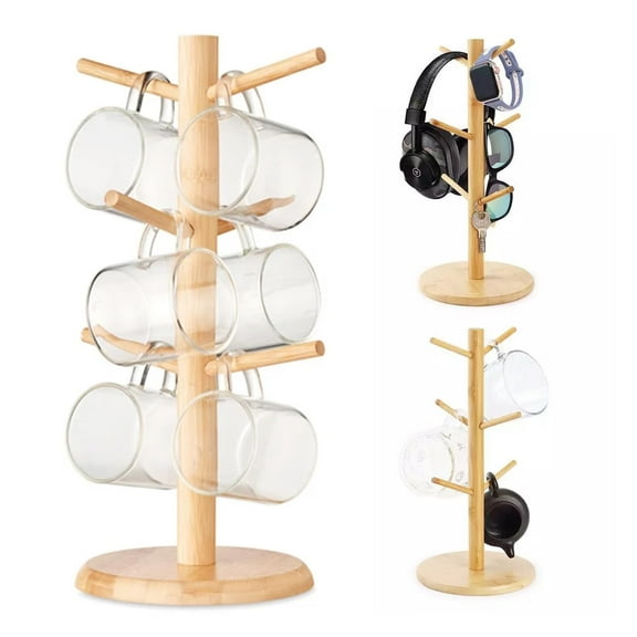 Bamboo Mug Rack,Coffee Mug Tree,Kitchen Coffee Mug Tree Countertop Tea Cups Holder Standr,Coffee Bar Accessories with 6 Hooks,yellow-green