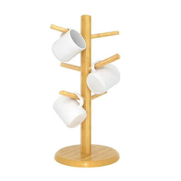 Bamboo Mug Tree with Thicker Base - Countertop Coffee Cup Stand with 6 Hooks