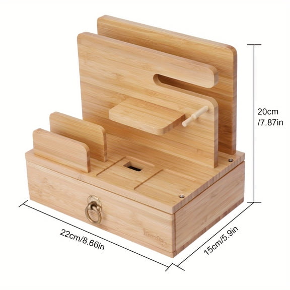 Bamboo Multiple Device Desktop Charging Dock Station Watch Organizer Key Holder With Drawer For IWatch, AirPods, IPad, Smartphones, Tablets, Kindles