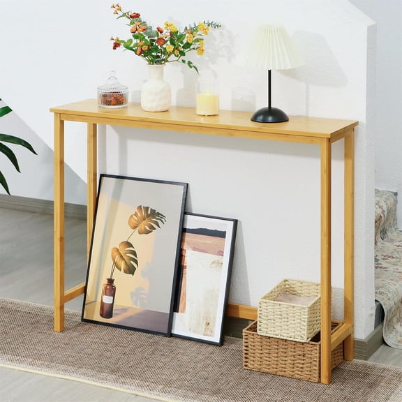 Bamboo Narrow Console Table, 39.4"(L) Wood Small Entryway Table, Accent Slim Hallway Tables, Thin Sofa Side Tables for Hallway, Living Room, Bedroom, Foyer, Burlywood