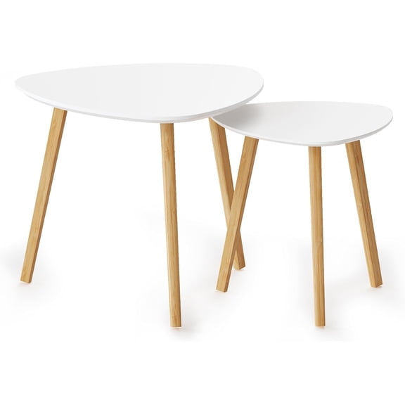 Bamboo Nesting Triangle End Table,Set of 2 Side Table Modern Minimalist Coffee Table for Living Room, Balcony in White