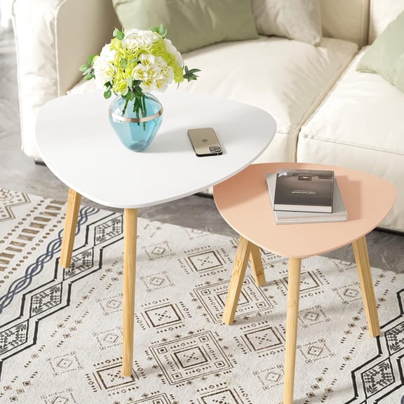 Bamboo Nesting Triangle End Table,Set of 2 SideTable Modern Minimalist Coffee Table for Living Room (White & Pink)