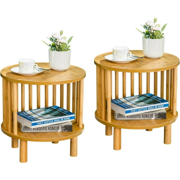 Bamboo Nightstand End Table Set of 2, Round 15.7" Bedside Tables with 2-Tier Open Storage for Small Spaces, 2 Pieces Farmhouse Natural Bamboo Wood End Table for Living Room