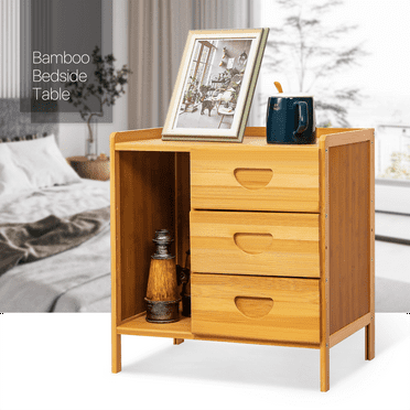 Bamboo Nightstand[OPEN SHELVES STORAGE CABINET+DRAWER]Bedroom Bedside End Table