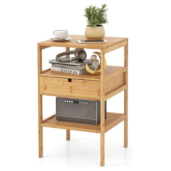 Bamboo Nightstand, Wood Bedside Tables with Pull-Out Drawer & Storage Shelf, Simple Style End Tables for Bedroom, Living Room, Office, Study, Natural Set of 1
