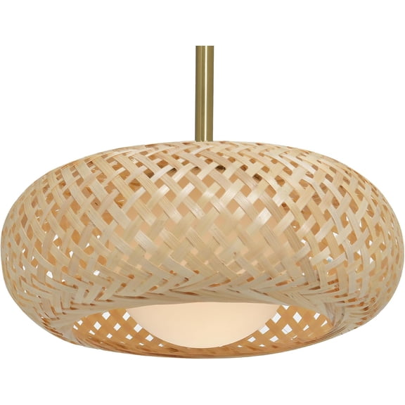 Bamboo Opal Glass Brass Pendant Light Fixture, 9.8’’ Hand-Woven Bamboo Shade, for Kitchen Island Living Room Bedroom, Modern Farmhouse Boho Light Fixture