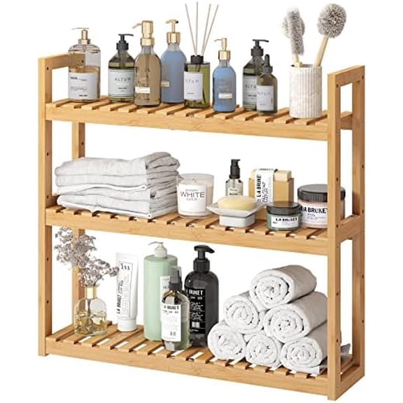 Bamboo Organizer Rack - Adjustable 3-Tier Storage Shelf, Wall Mounted or Over The Toilet, Living Room, Kitchen (Natural)