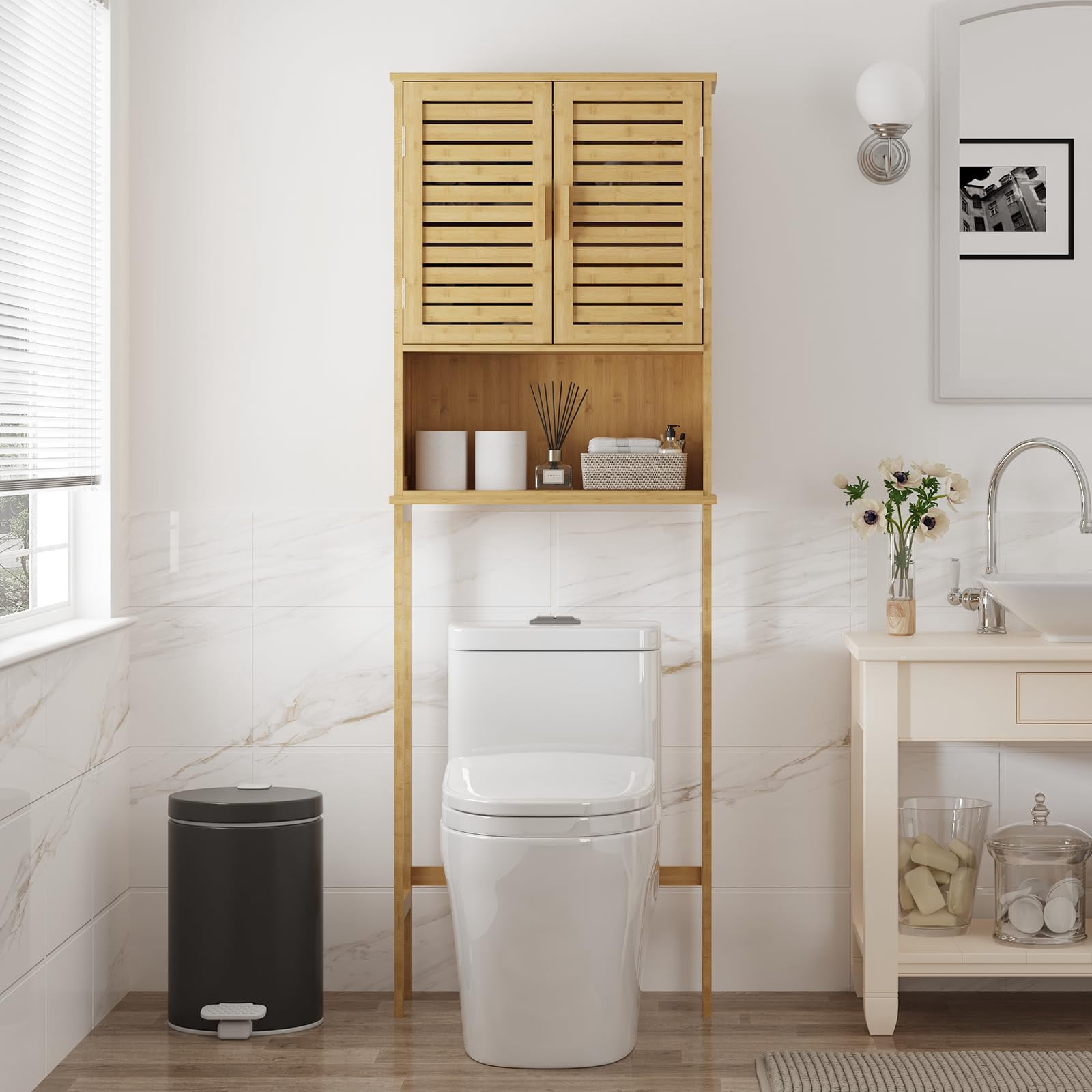 Bamboo Over The Toilet Shelf with Adjustable Inside Shelf and Double ...