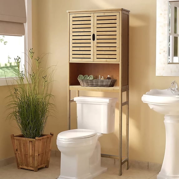 Bamboo Over The Toilet Storage Cabinet, Bathroom Space Saver, Over The Toilet Rack with Adjustable Shelf, Natural Color