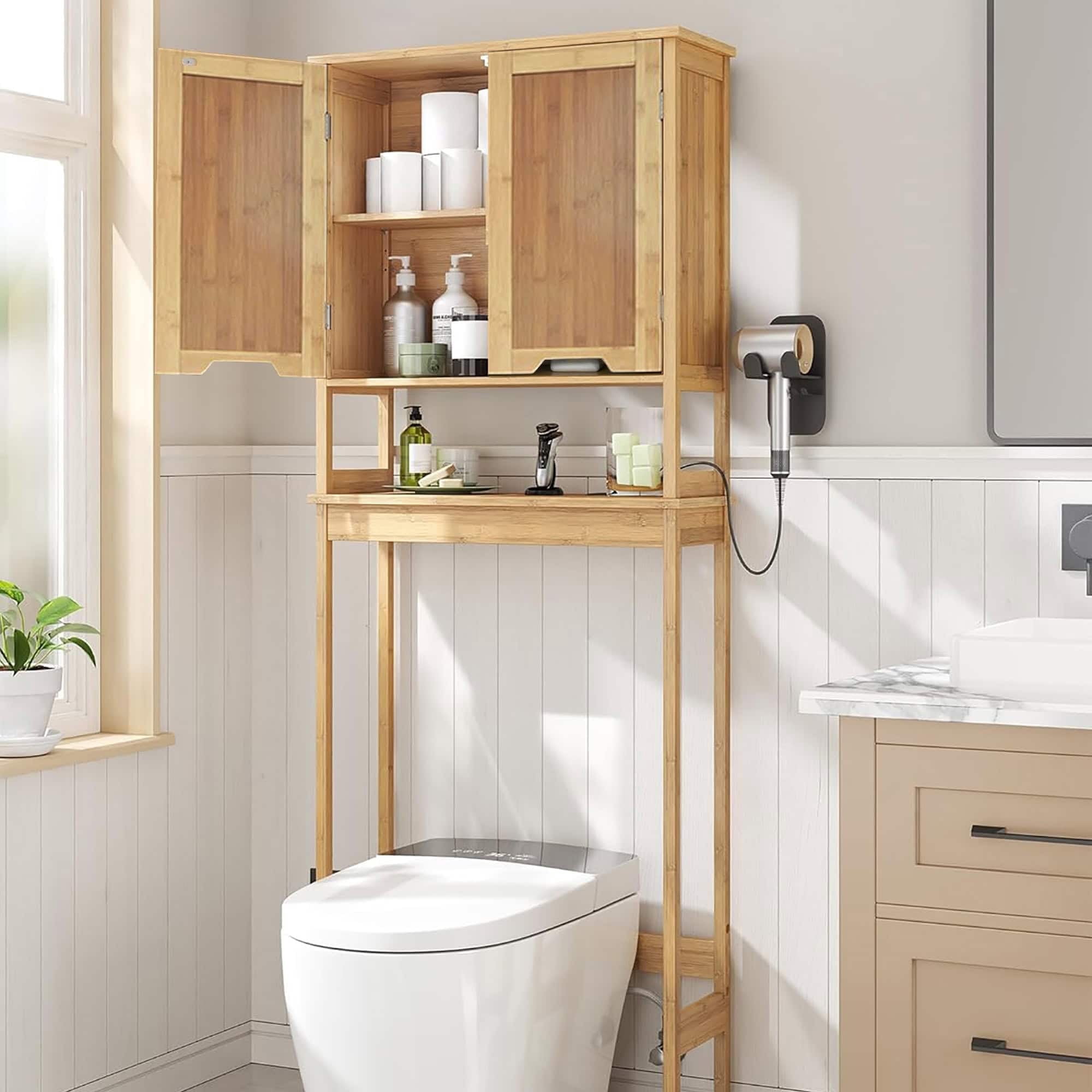 Picture of Bamboo Over The Toilet Storage Cabinet with Dual Doors and Open Shelf ...