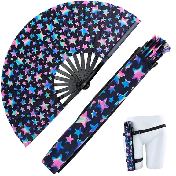 Bamboo & Oxford Fabric Folding Fan with Bag and Belt for Party Wedding Dancing Decoration Star 330mm