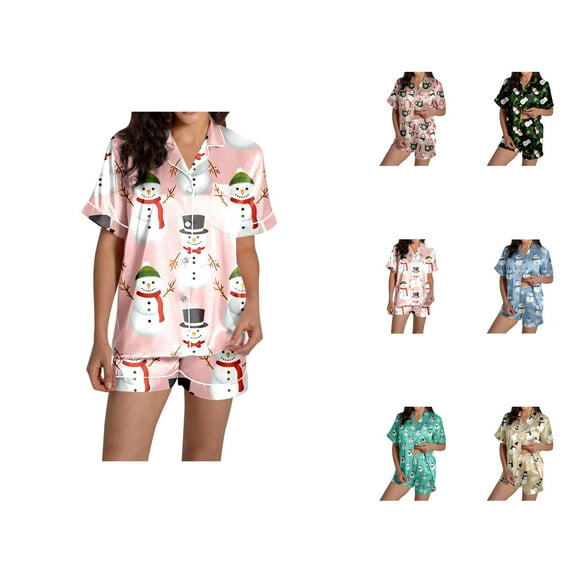 Bamboo Pajama Sets – Airport Travel Lounge Sets & 2 Piece Pajamas Women's Snowman Print Short Sleeve Top & Shorts Pajama Set Festive Christmas Sleepwear Ensemble