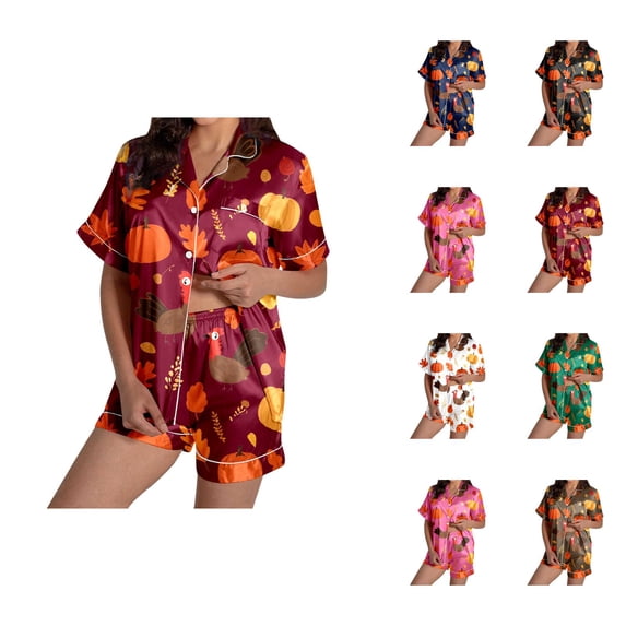 Bamboo Pajama Sets – Cooling Women's Pajama Sets, Soft Sleepwear for Summer Comfort Ladies' Thanksgiving Turkey Print Pajama Shorts Set 2024