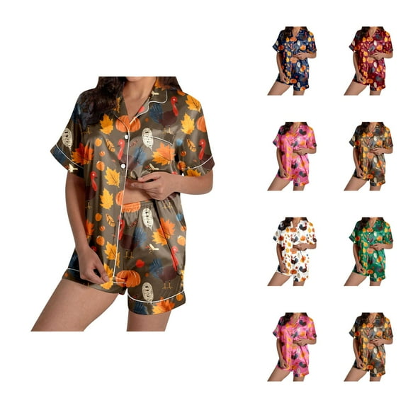 Bamboo Pajama Sets for Women – Cooling Loungewear, Comfortable Sleepwear for Summer Ladies' Thanksgiving Turkey Print Pajama Shorts Set 2024