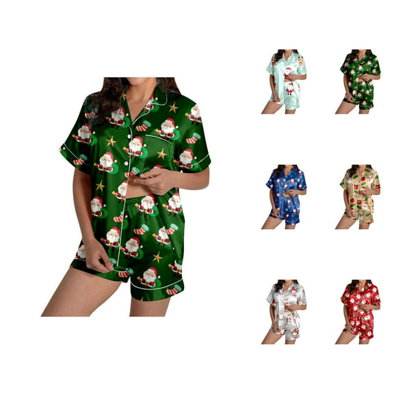 Bamboo Pajama Shorts – Womens Cooling Set Women's Santa Print Short Sleeve Shirt & Shorts Pajama Set Festive Sleepwear Combo